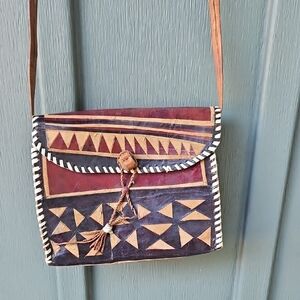 Vintage, Leather, Tribal Pattern Crossbody Bag